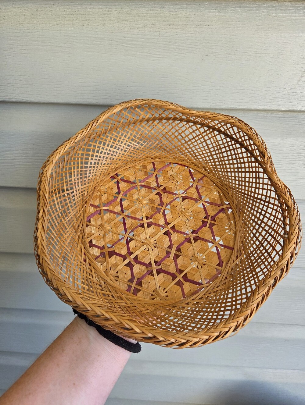 Beautiful hand woven small basket with geometric shapes & pops of purple